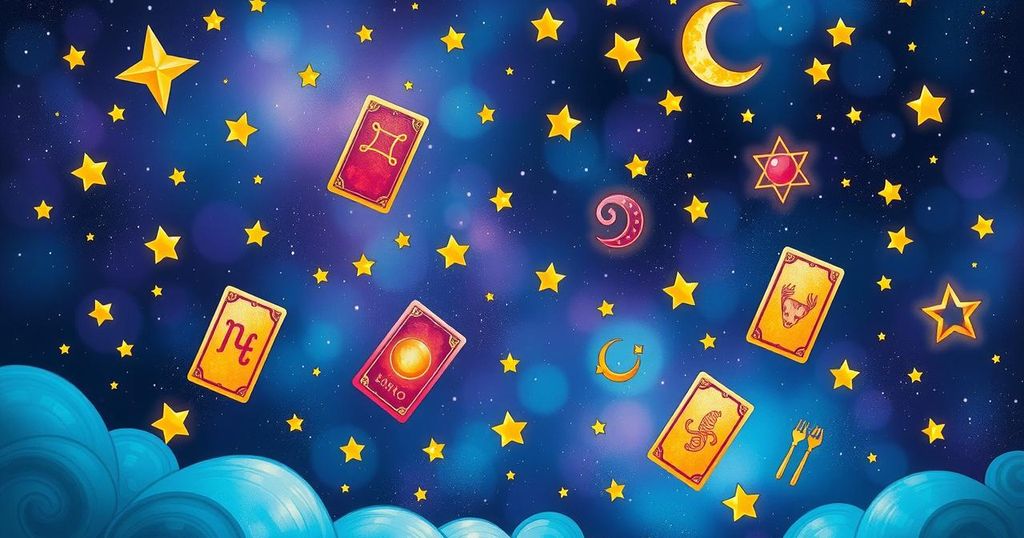 A mystical astrological scene featuring zodiac symbols and tarot cards with sparkling night sky colors.