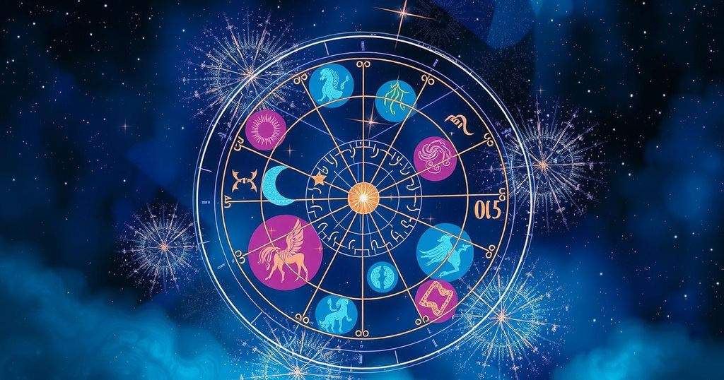 Astrological symbols and a zodiac wheel with stars and a cosmic background in a mystical colour scheme.