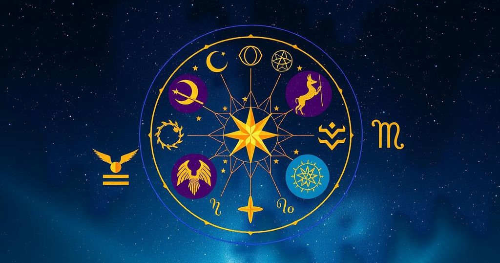 A vibrant astrology-themed illustration depicting zodiac symbols and starry night with a motivational quote.