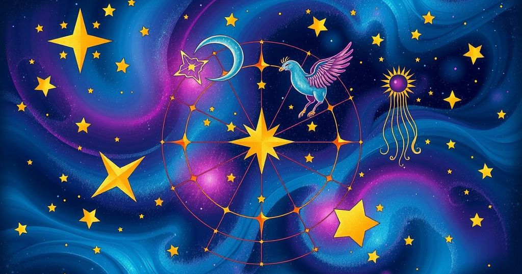 A celestial graphic symbolizing zodiac signs and astrology, featuring stars and cosmic elements in a vibrant, dreamy style.