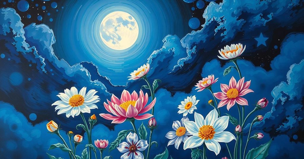 A mystical night sky featuring a bright full moon surrounded by blooming flowers in shades of deep blue and violet.