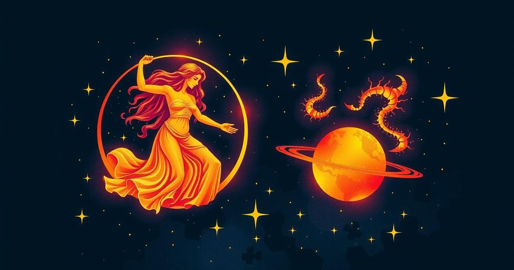 A cosmic illustration of Venus and Mars in the zodiac, radiating warm colours against a starlit background.