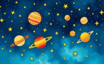 Celestial themed illustration featuring astrological symbols, planets, and vibrant colours for a festive atmosphere.