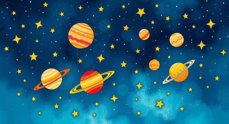 Celestial themed illustration featuring astrological symbols, planets, and vibrant colours for a festive atmosphere.