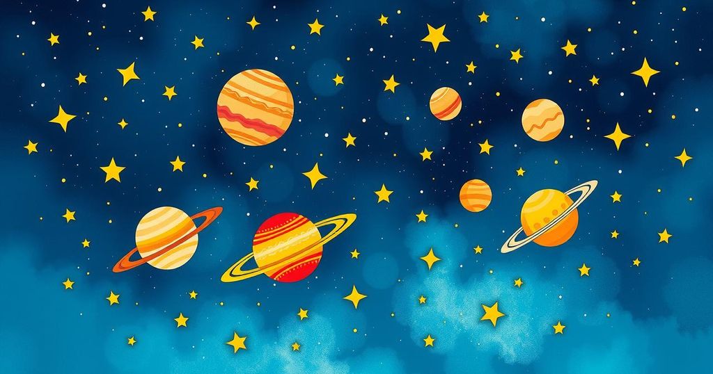 Celestial themed illustration featuring astrological symbols, planets, and vibrant colours for a festive atmosphere.