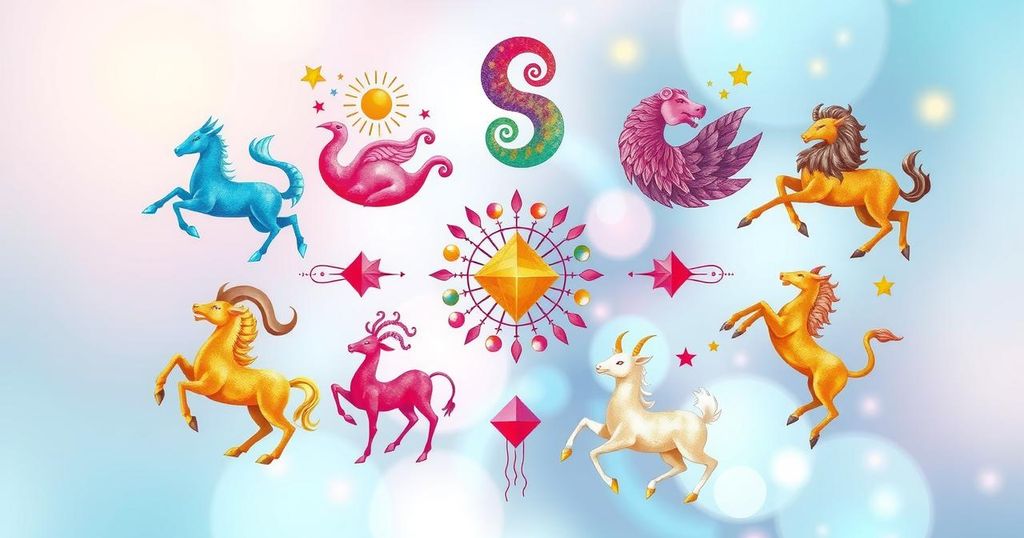 A colourful astrological illustration featuring the twelve zodiac signs with vibrant symbols.