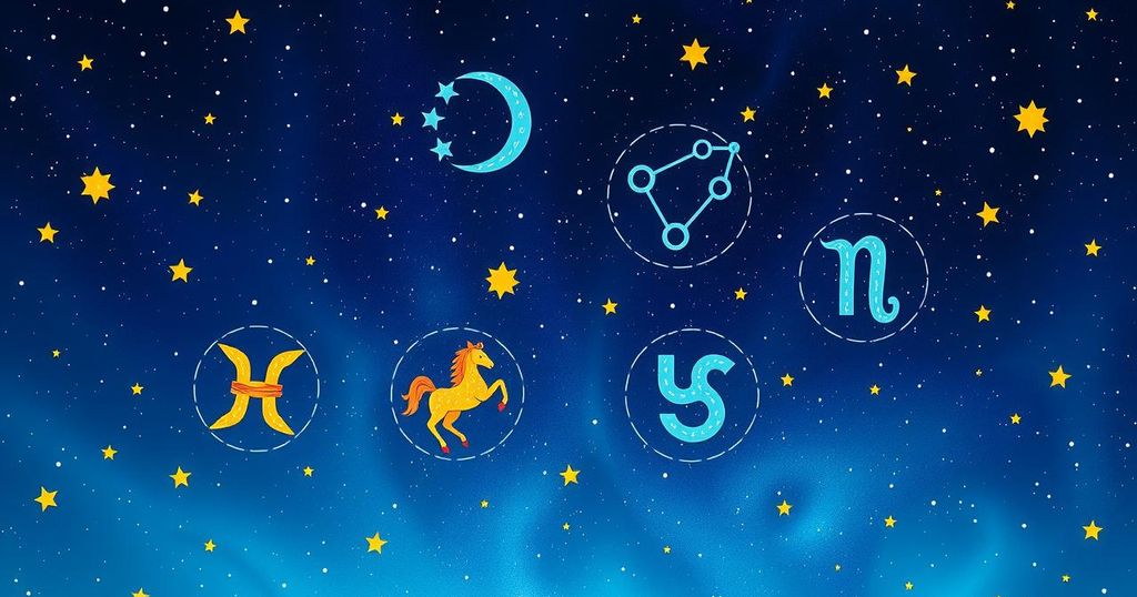 A celestial backdrop with zodiac symbols in soft blues and golds, representing love and relationship guidance.