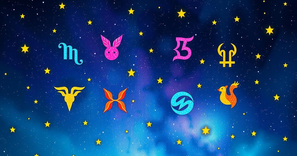 Colourful zodiac symbols depicting astrological signs in a celestial theme with mystical constellations.