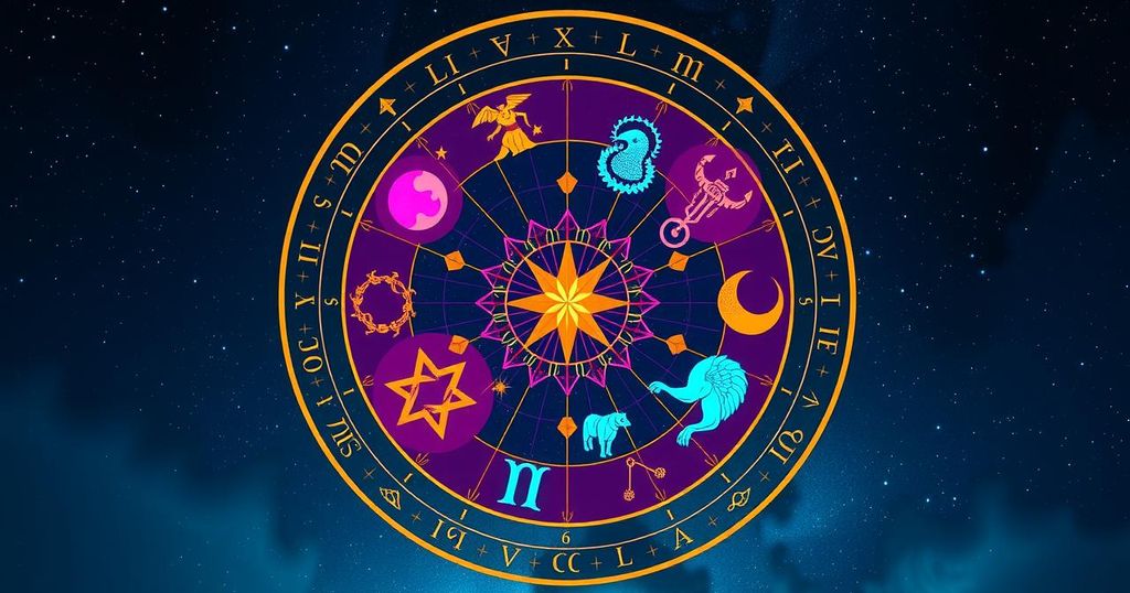 A colourful zodiac wheel featuring astrological symbols on a starry background, symbolising horoscopes and astrology.