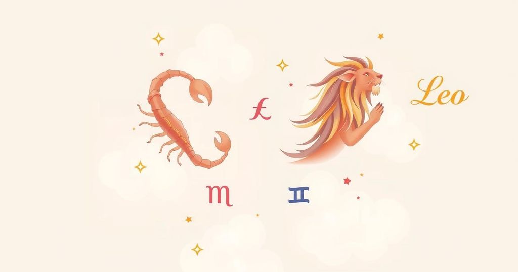 A serene zodiac-themed artwork with symbols of Scorpio and Leo in a calming colour palette.