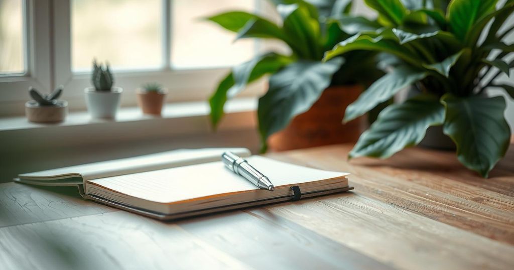 A serene journal on a rustic table with a pen, plants, and soft natural light, symbolising self-reflection and personal growth.