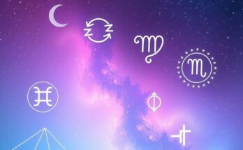 Astrological symbols on a starry background with soft colours and a serene atmosphere, representing horoscopes.