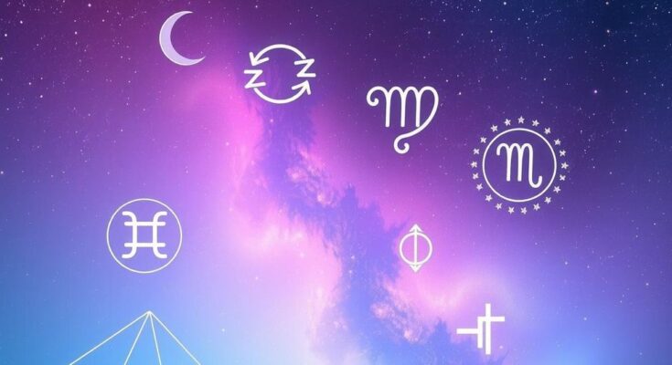 Astrological symbols on a starry background with soft colours and a serene atmosphere, representing horoscopes.