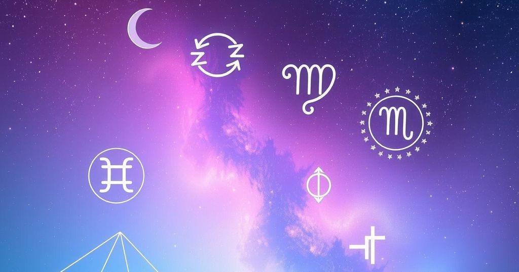 Astrological symbols on a starry background with soft colours and a serene atmosphere, representing horoscopes.