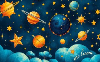 Astrological icons and starry sky representing horoscope predictions and zodiac signs.