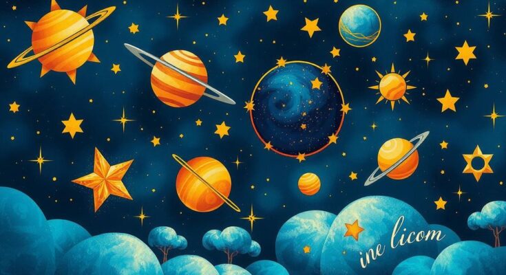 Astrological icons and starry sky representing horoscope predictions and zodiac signs.