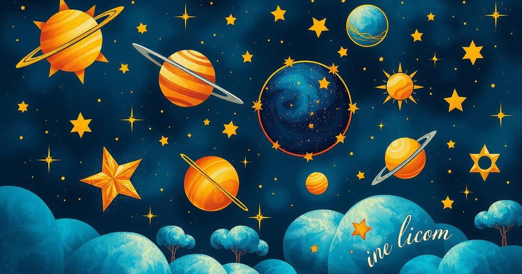 Astrological icons and starry sky representing horoscope predictions and zodiac signs.