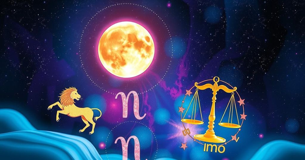 A cosmic scene depicting the zodiac signs with celestial patterns, moon phases, and vibrant colours symbolising transformation.