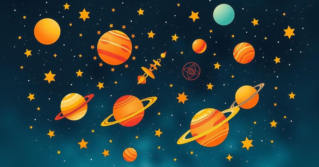 Cosmic imagery depicting astrological signs intertwined with celestial bodies, showcasing a celestial theme in warm colours.