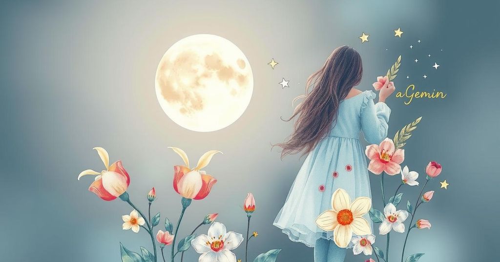 Gemini Moon illustration symbolising self-growth through connection and aspiration, with soft pastels and floral elements.