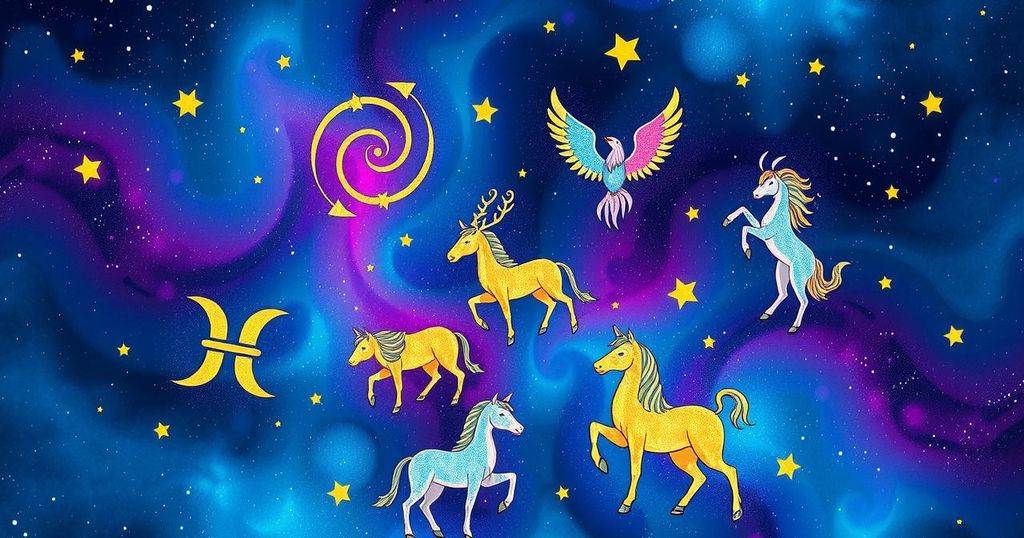 Astrological symbols and zodiac signs in a celestial background with vibrant colours.
