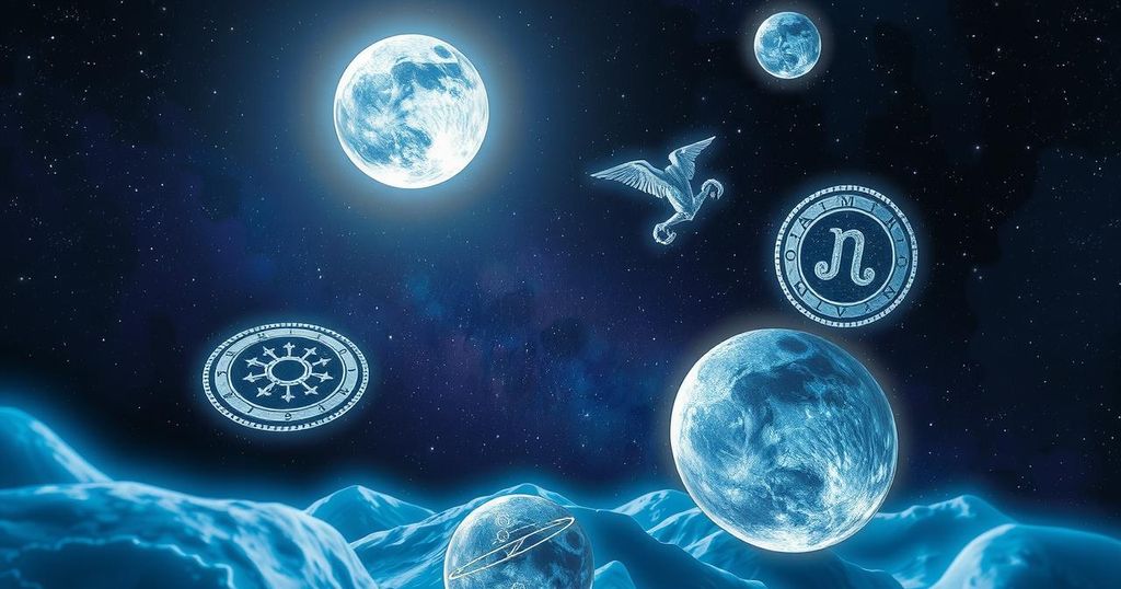 Astrological symbols surrounded by a cosmic background with a full moon, representing zodiac secrets and wisdom.