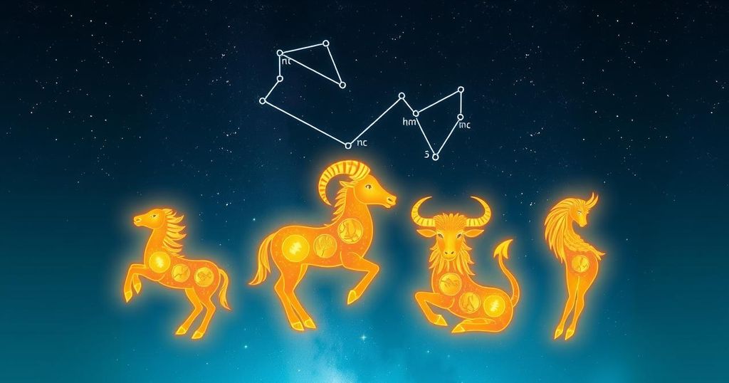 A serene astrological representation with five zodiac signs symbolically glowing under a Taurus constellation.