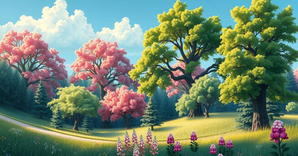 A calming, serene illustration featuring lush greenery, vibrant flowers, and a clear sky representing Taurus horoscope positivity.