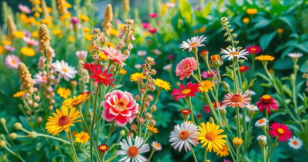 A vibrant garden thriving with plants, flowers and fruits, symbolising growth, creativity, and communication.