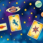 A cosmic background with zodiac symbols, planets, and astrological cards, all in vibrant colours and flowing designs.