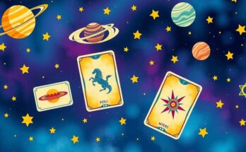 A cosmic background with zodiac symbols, planets, and astrological cards, all in vibrant colours and flowing designs.
