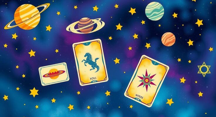 A cosmic background with zodiac symbols, planets, and astrological cards, all in vibrant colours and flowing designs.
