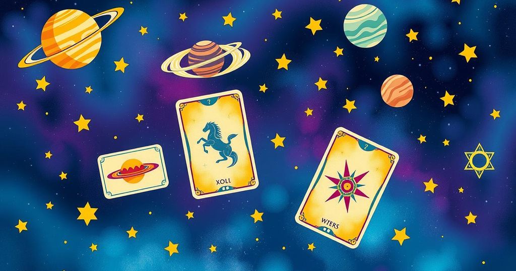 A cosmic background with zodiac symbols, planets, and astrological cards, all in vibrant colours and flowing designs.
