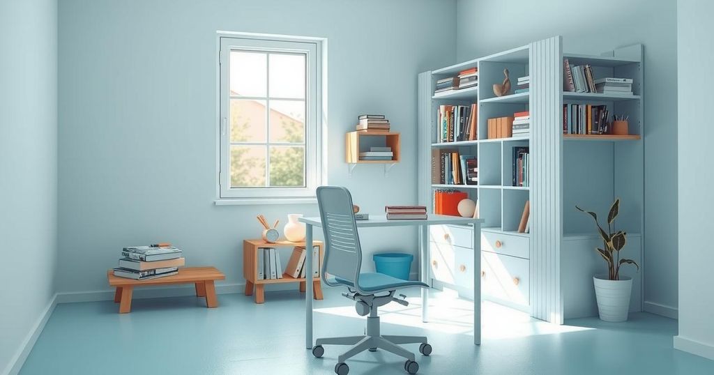 A serene study space with light blue accents, books, and educational materials promoting focus and growth.