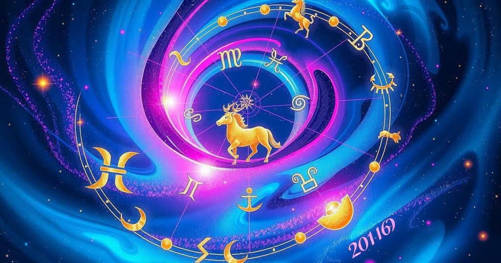 Colourful astrological symbols against a cosmic background representing zodiac energy and horoscopes.