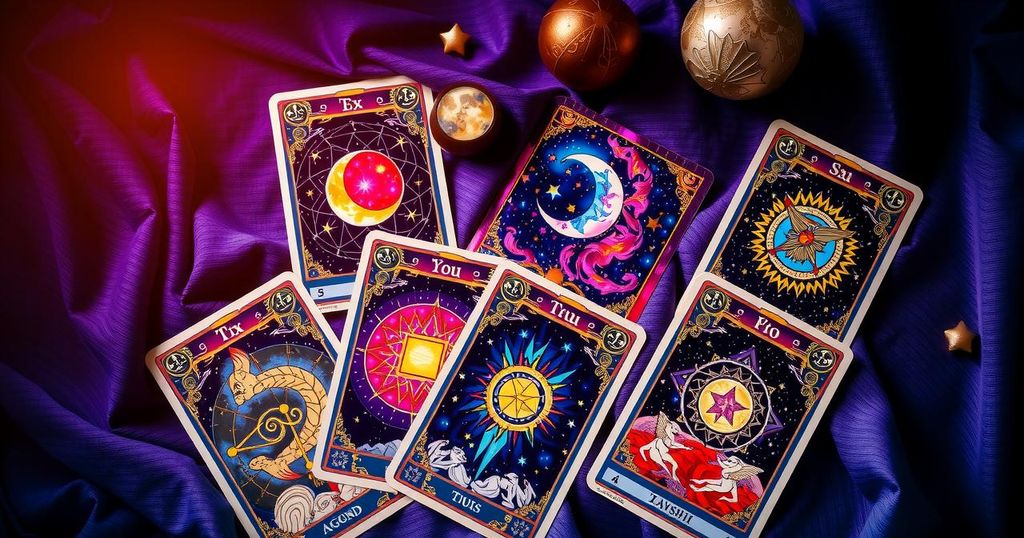 A vibrant tarot card arrangement with celestial elements, showcasing the zodiac signs and fortune-telling imagery.