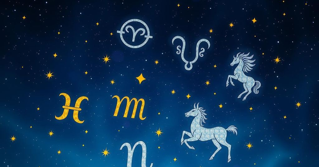 A celestial scene featuring zodiac signs in the night sky, with vibrant star colours and a cosmic theme.