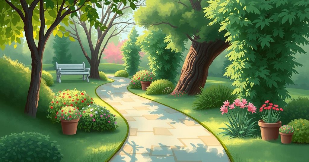 A serene park scene featuring greenery, a tranquil pathway, and planting pots symbolising connection to nature.