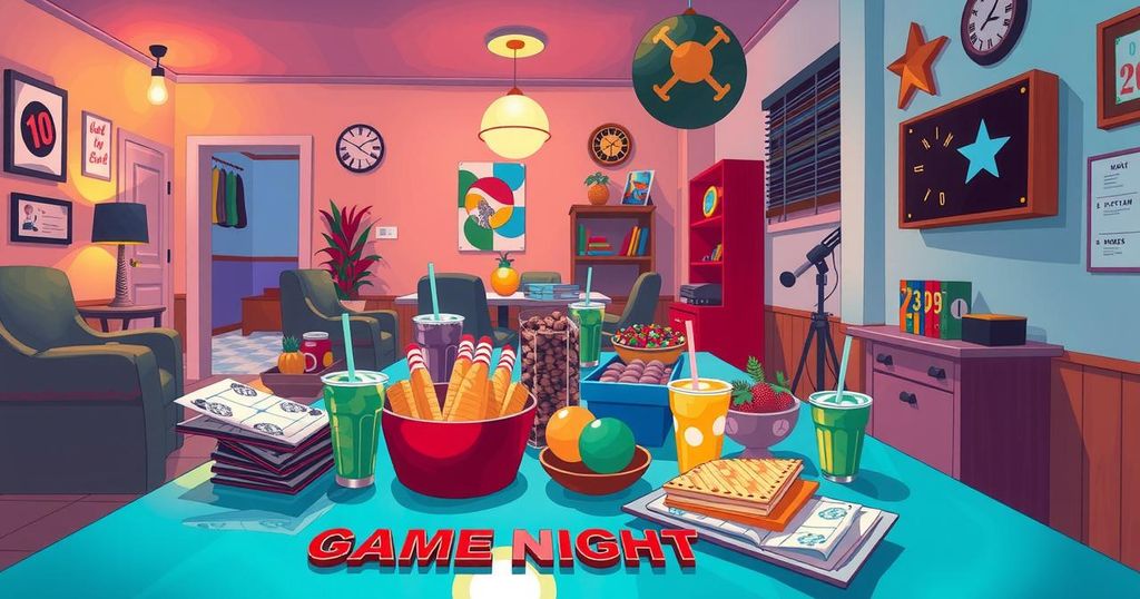 A vibrant scene of a lively game night with food and drinks shared among friends in a social setting.