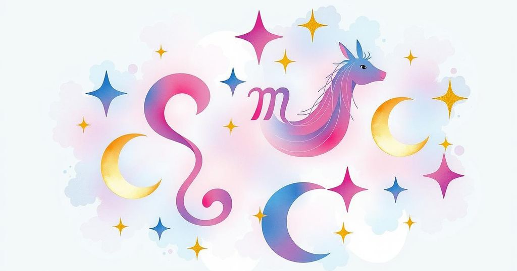 Astrology-themed illustration with zodiac symbols and celestial elements in soft pastels.