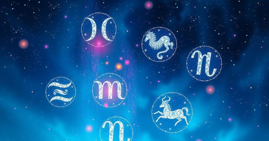 A celestial scene depicting zodiac symbols glowing in a night sky with constellations, embodying self-acceptance and healing.
