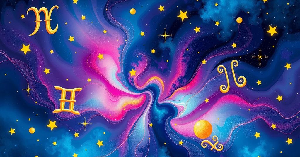 Celestial scene with zodiac signs, star constellations, vibrant colours, and an abstract astrological aesthetic.