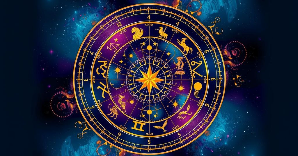 A colourful zodiac wheel featuring symbols and celestial motifs with a vibrant palette reflecting astrological themes.