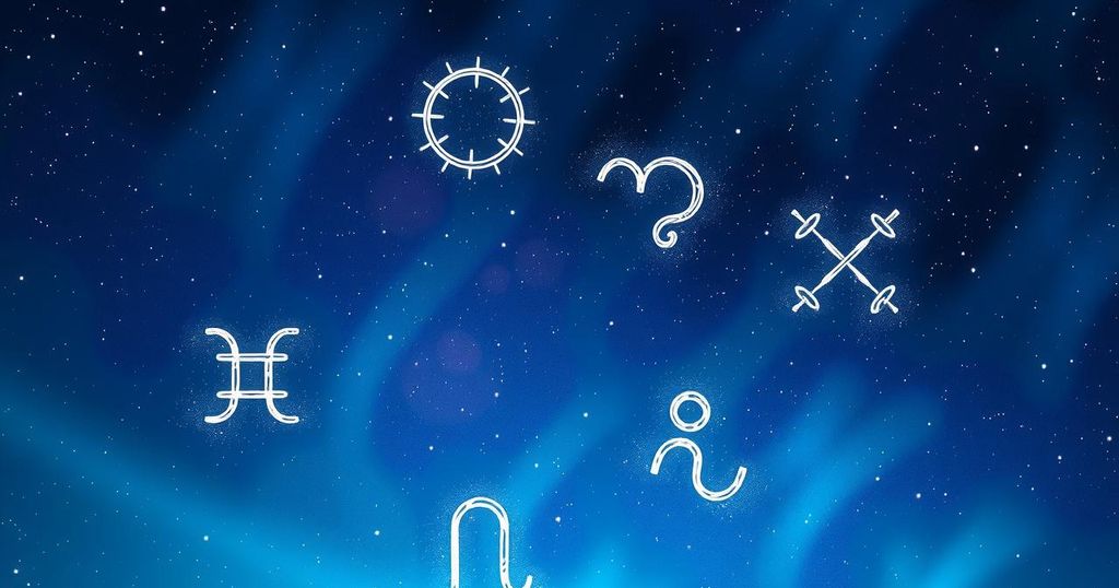 Astrological symbols in a mystical night sky with vibrant cosmic colours, representing zodiac insights and daily horoscopes.
