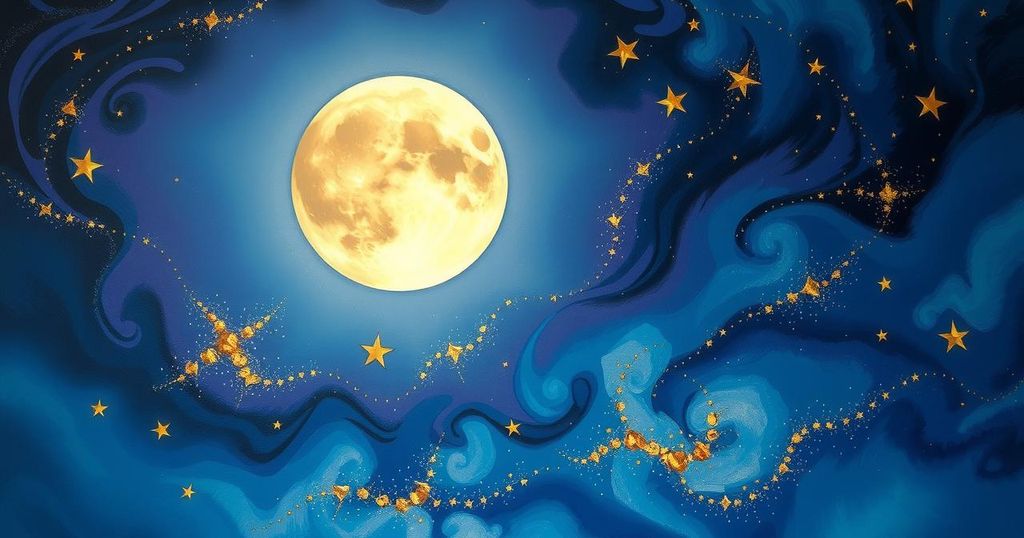 Celestial scene featuring a bright full moon illuminating a starry night sky full of vibrant colours.