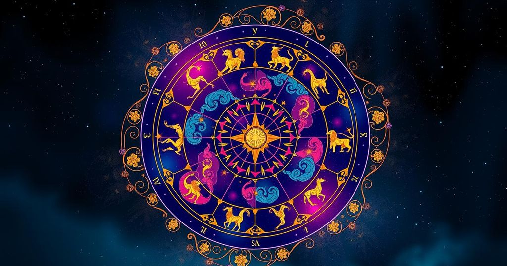 A colourful zodiac wheel with astrological symbols against a starry backdrop, representing horoscopes and astrology.