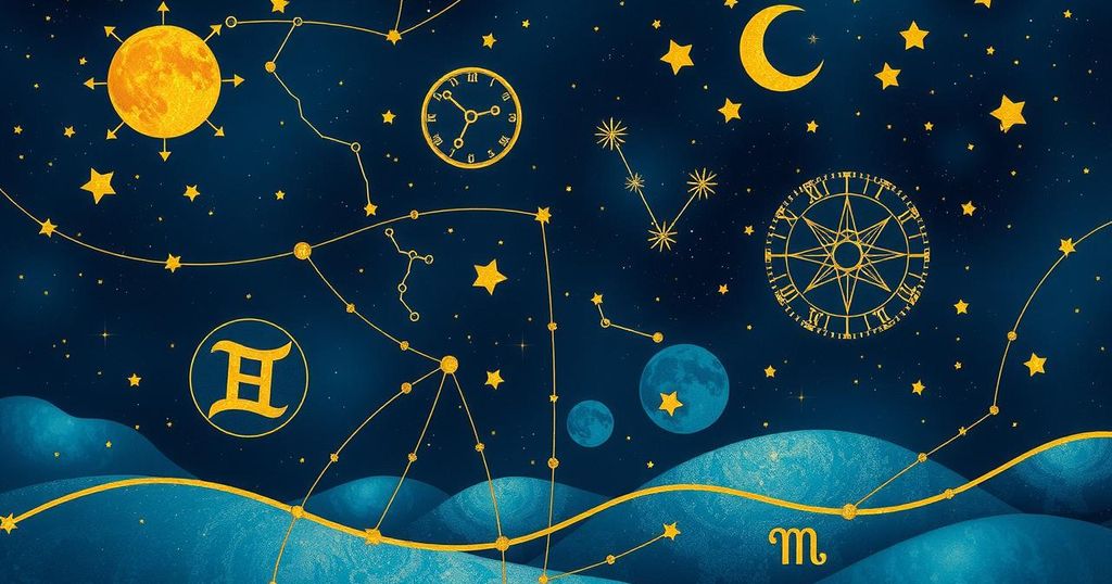 A celestial scene with constellations and zodiac symbols, featuring dark blues and gold tones, in a dreamy style.