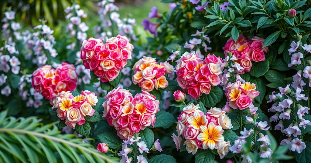 A serene garden scene with a heart-shaped flower arrangement, symbolizing love and connection.