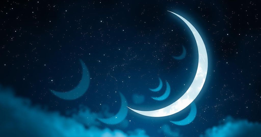 A serene celestial backdrop featuring a crescent moon shining over a starry night sky, symbolising astrology and introspection.