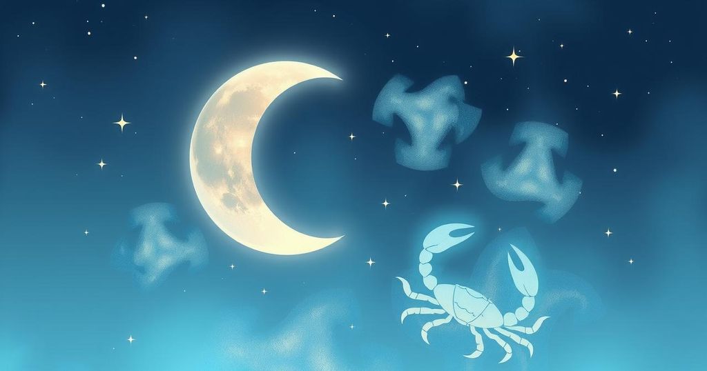 A celestial scene depicting the moon phases transitioning from Gemini to Cancer, with starry skies.